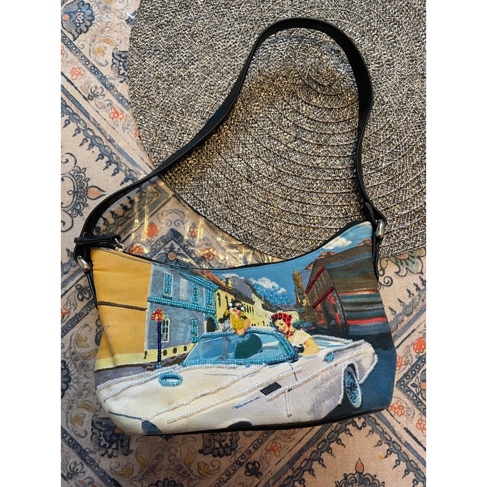 Cherokee Vintage Beaded Canvas Baguette Bag Retro Car Print Blue Yellow Y2K
